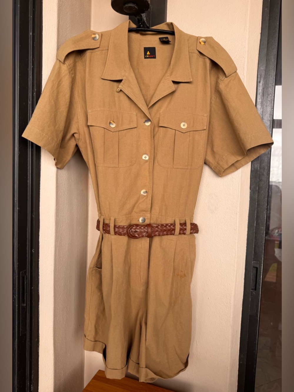 Vintage 90s Liz Claiborne LizSport Romper Khaki Cotton Pockets Collar Safari 14